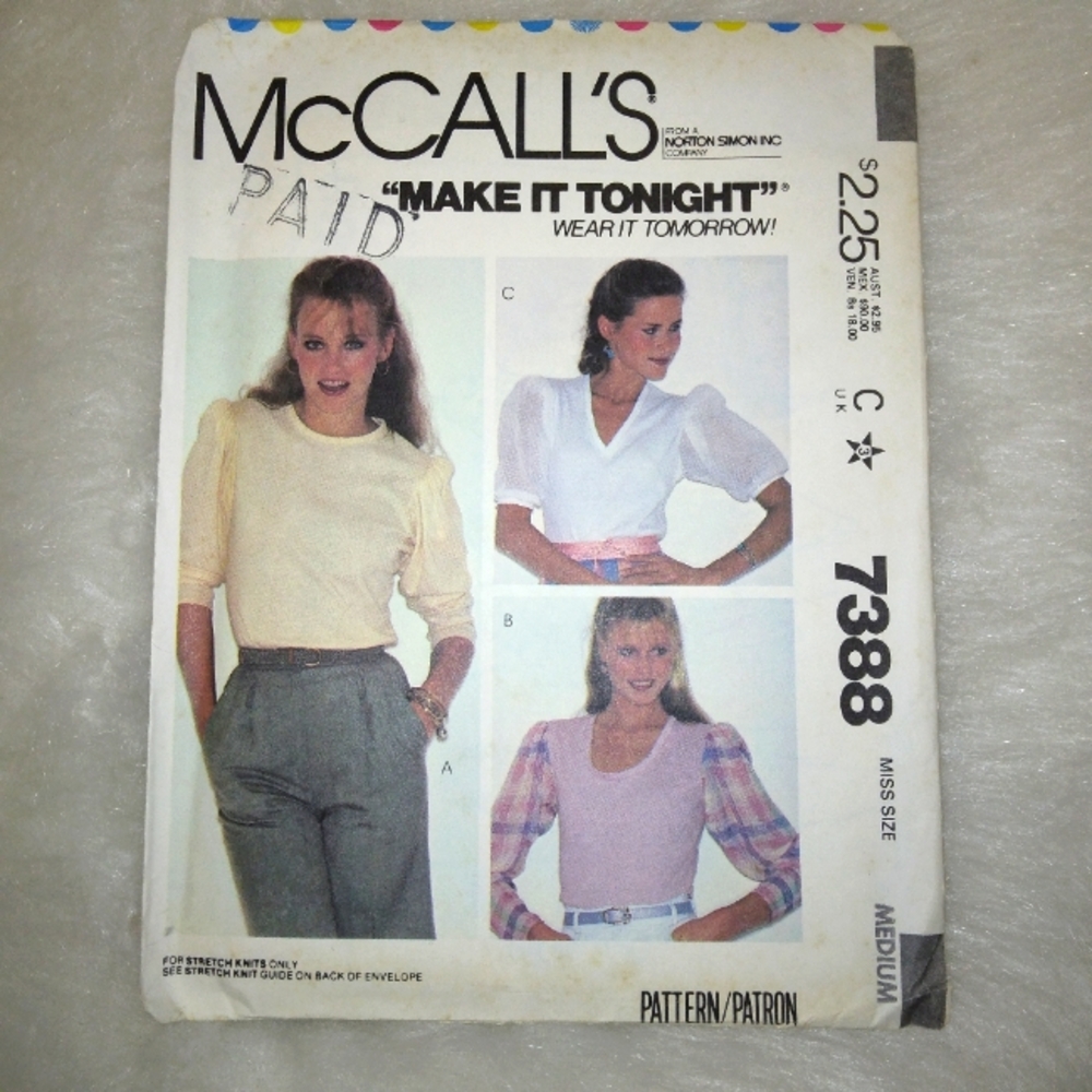 McCall's 7388 Medium Misses knit tops w/ sleeve and neckline variations